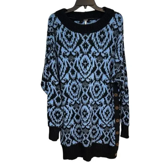 Free People Blue Black Winter Skies Print Tunic Dress Oversized Sweater Size M - Picture 7 of 13
